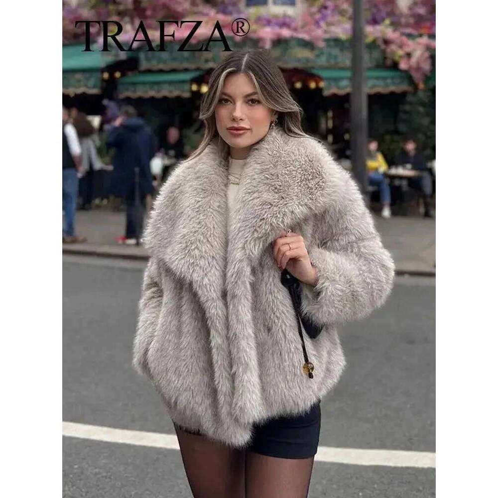 TRAFZA Winter Fashion Faux Fur Jacket for Woman Elegant Loose Long Sleeve Lapel Warm Coats Pocket Female Chic Open Front Outwear