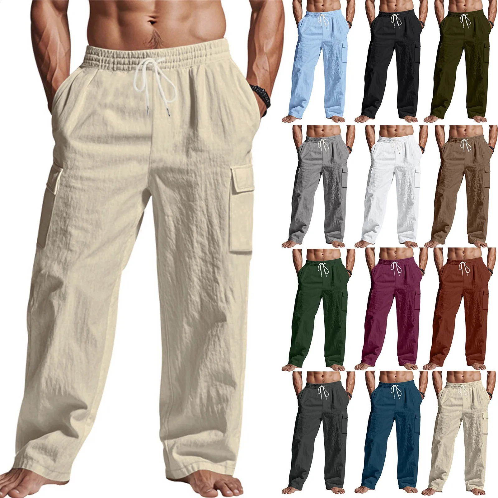 Mens Baggy Pants Linen Thin Breathable Multi-pocket Cargo Pants Loose Casual Wide Leg Straight Pants Spring Summer 250528