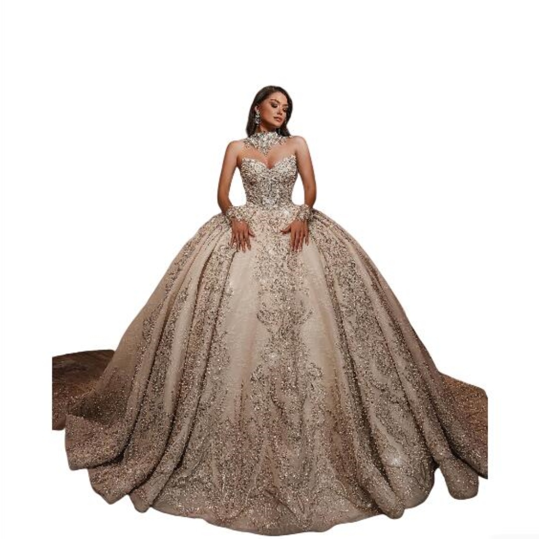 Gorgeous Crystal Ball Gown Wedding Dress Beaded High Neck Vintage Wedding Dresses Sweep Train Customized Bridal Gowns