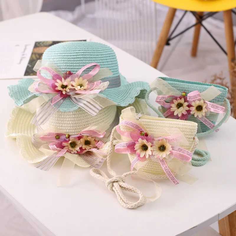 Fashion Summer Girl Kids Cute Straw Hat + Handbag Sets Child Baby Outdoor Holiday Beach Hat Bags Set Flower Sun Cap Panama W250602