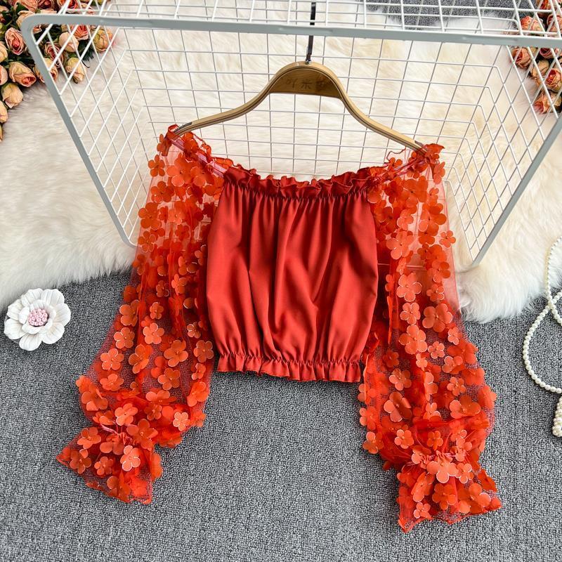 2025 Spring and Summer New Women's T-shirt Off Shoulder 3D Flower Transparent Mesh Splicing Chiffon Women's Shirt Loose Waist Fashion Design