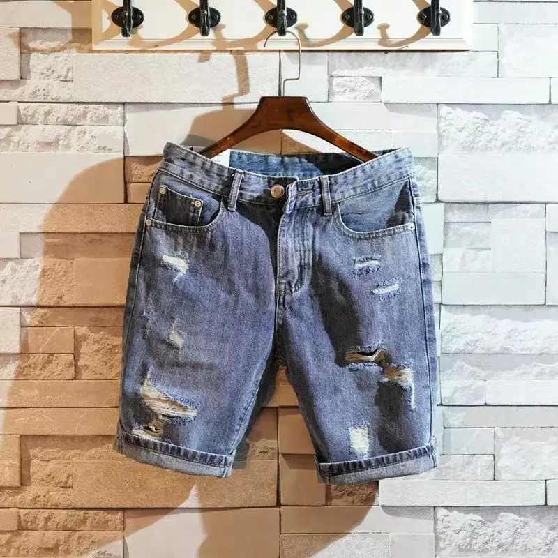 Short Jeans Pants for Men Blue Slim Ripped Mens Denim Shorts Original Streetwear Summer Stretch Korean Fashion Distressed RetroT250603