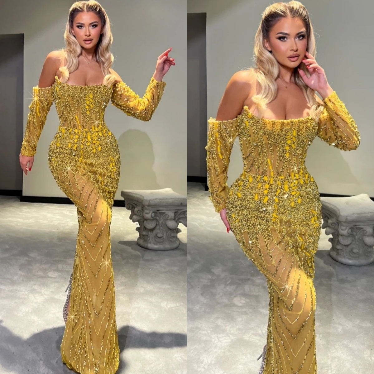 Luxury Evening Dresses Sequins Beading Prom Dress Off Shoulder Long Sleeves Pearls Rhinestone Illusion Mermaid Party Gowns Vestidos De Noche