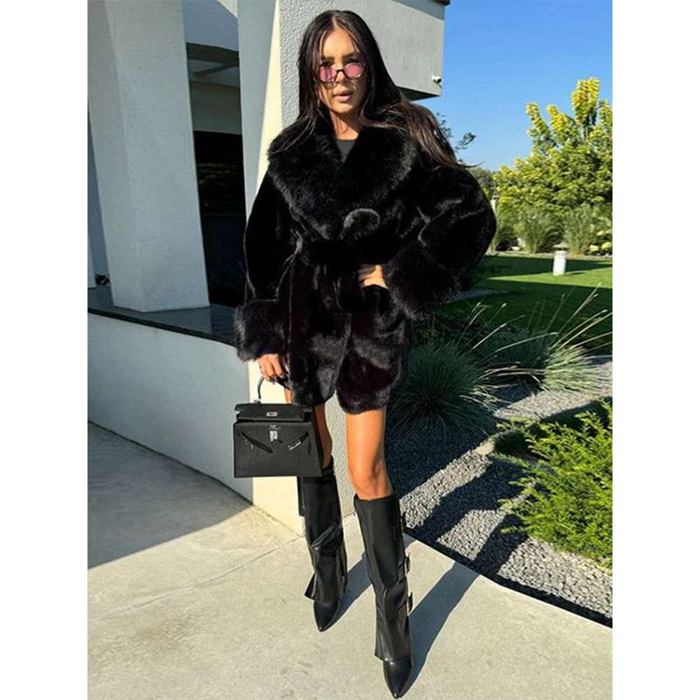 Chic Women Faux Furs Collar Long Sleeve Oversize With Belt Female Fur Jackets 2024 Winter Fashion Coats
