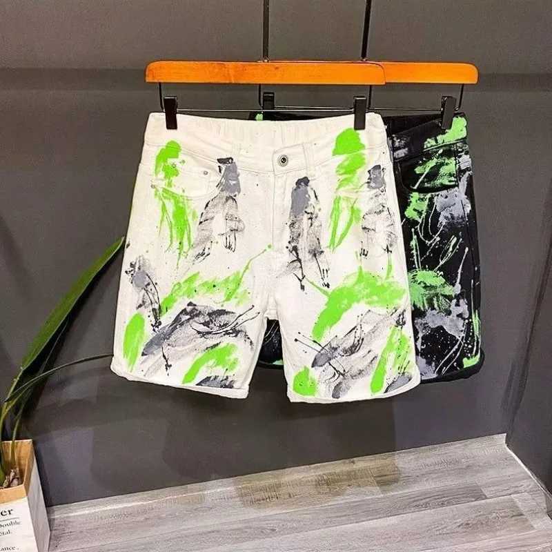 Mens Denim Shorts Graffiti Straight Loose Black Short Jeans Pants for Men Vintage Sale Stretchable With Zipper Blue Emo Summer XL T250603