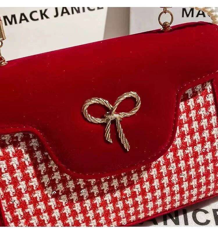 Veet Red Square Fashion Pearl Chain Women Handbag Lady Purse Shoulder Messenger Banquet Bride Wedding Bag