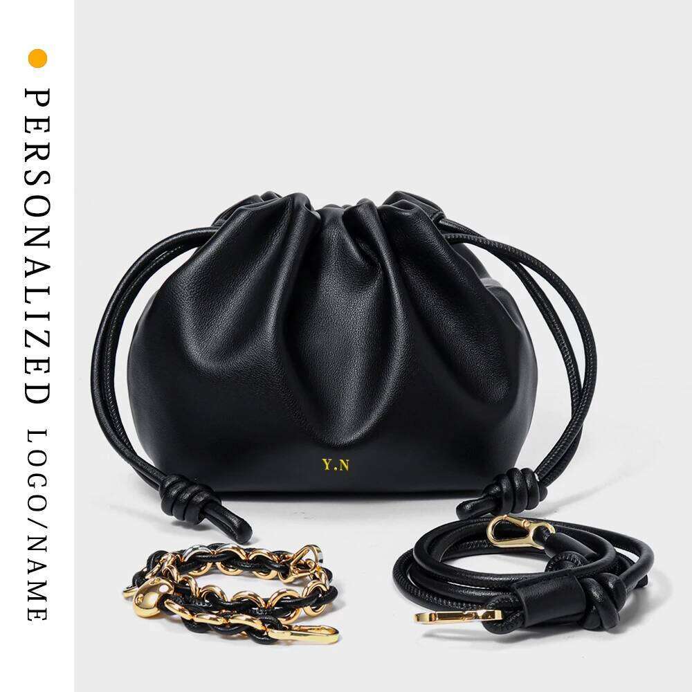 Free Gold Stamping First Letter 2025 New Soft Leather Fashion Lucky Drawstring Cloud One-Shoulder Crossbody Bag