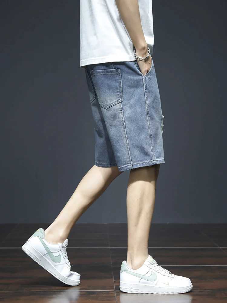 Summer Mens Blue Denim Shorts Y2k Cotton Loose Straight Ripped Fashion Shorts Men Korean Trendy Casual Streetwear Short Jeans T250603