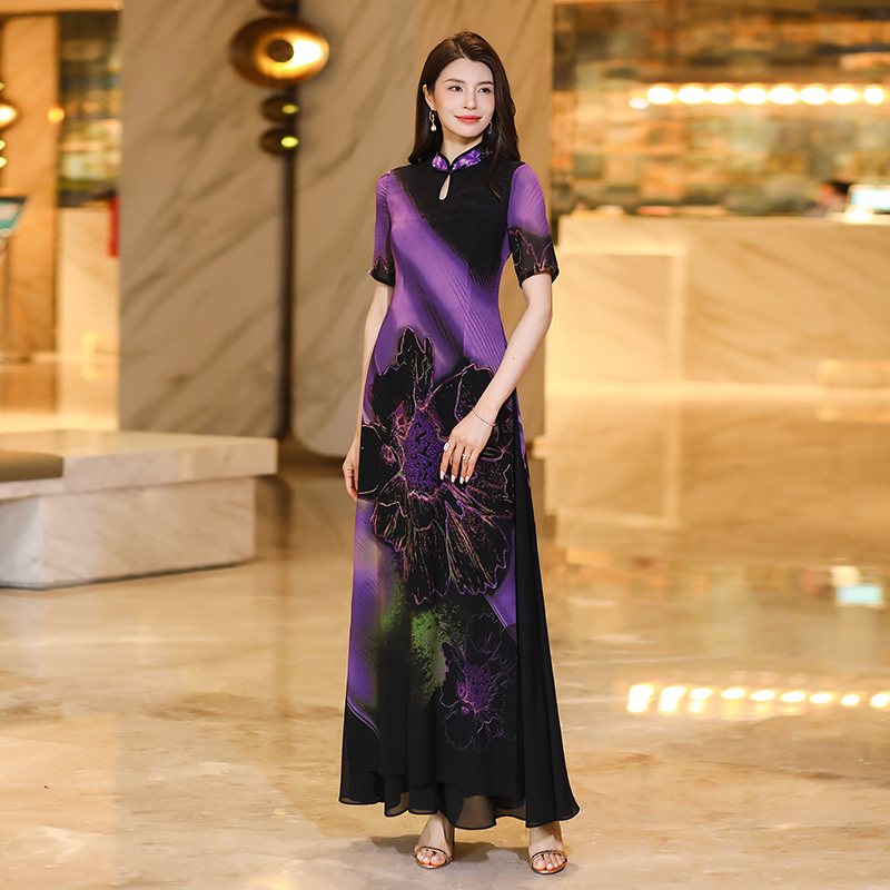 Traditional Floral Patterned Silk-Chiffon Dress for Ladies Casual Elegant Style