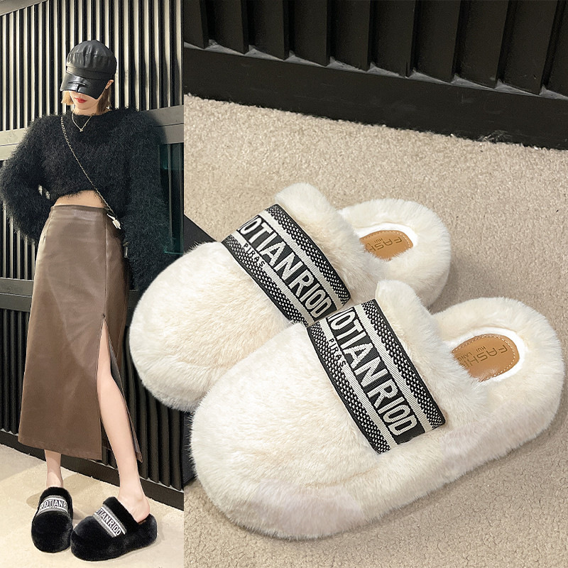 New Design Baotou Women's Cotton Slippers Fashion and Versatile Thick Bottom with Velvet Letter Slippers Home Outdoor Warm Slippers Large 35-42 Hot Sale