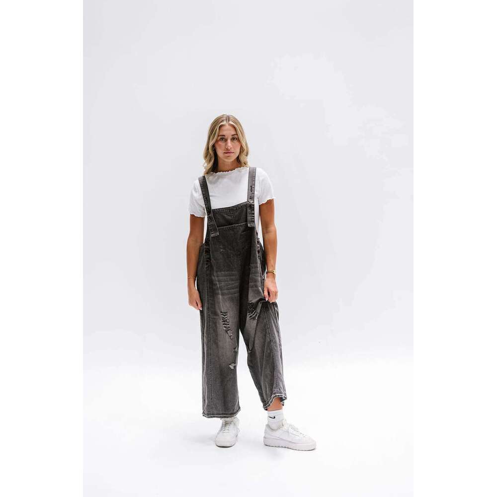 Fashion Vintage Distressed Loose Wide-Leg Comfortable Casual Strap Denim Overalls For Women B5