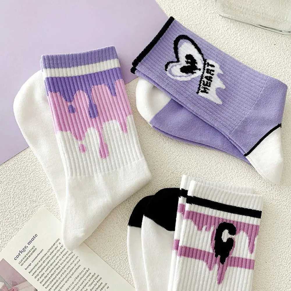 Women White Socks Cute Cotton Socks With Hearts Kawaii Preppy Korean Style Anime Purple Women Socks Set 5 PairT250602