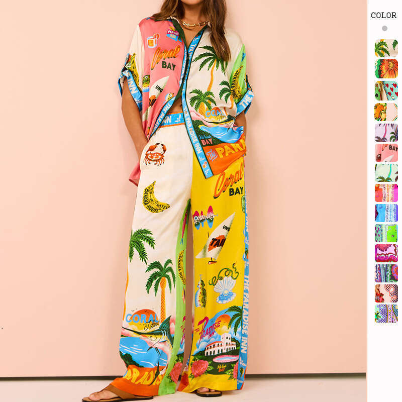 Women's Fashion New Printed Elastic Waist Pocket Wide Leg Pants Casual Set For Summer B5