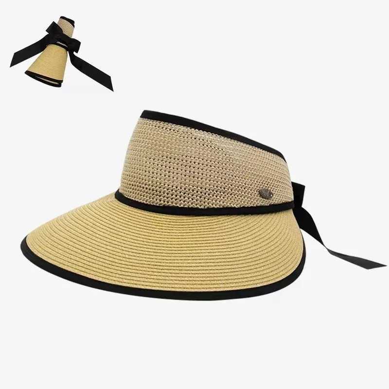 2025 New Summer Adjustable Ribbon Empty Top Straw Hats For Women Foldable Wide Large Brim Beach Hat Chapeau Femme UV Protection Cap W250602