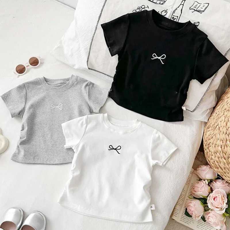 Korean Summer Bowknot Casual Short Sleeve T-shirts for Kids 0-12 Years Cotton Toddler Girl Tops Baby Girls Tees Students Clothes T250603