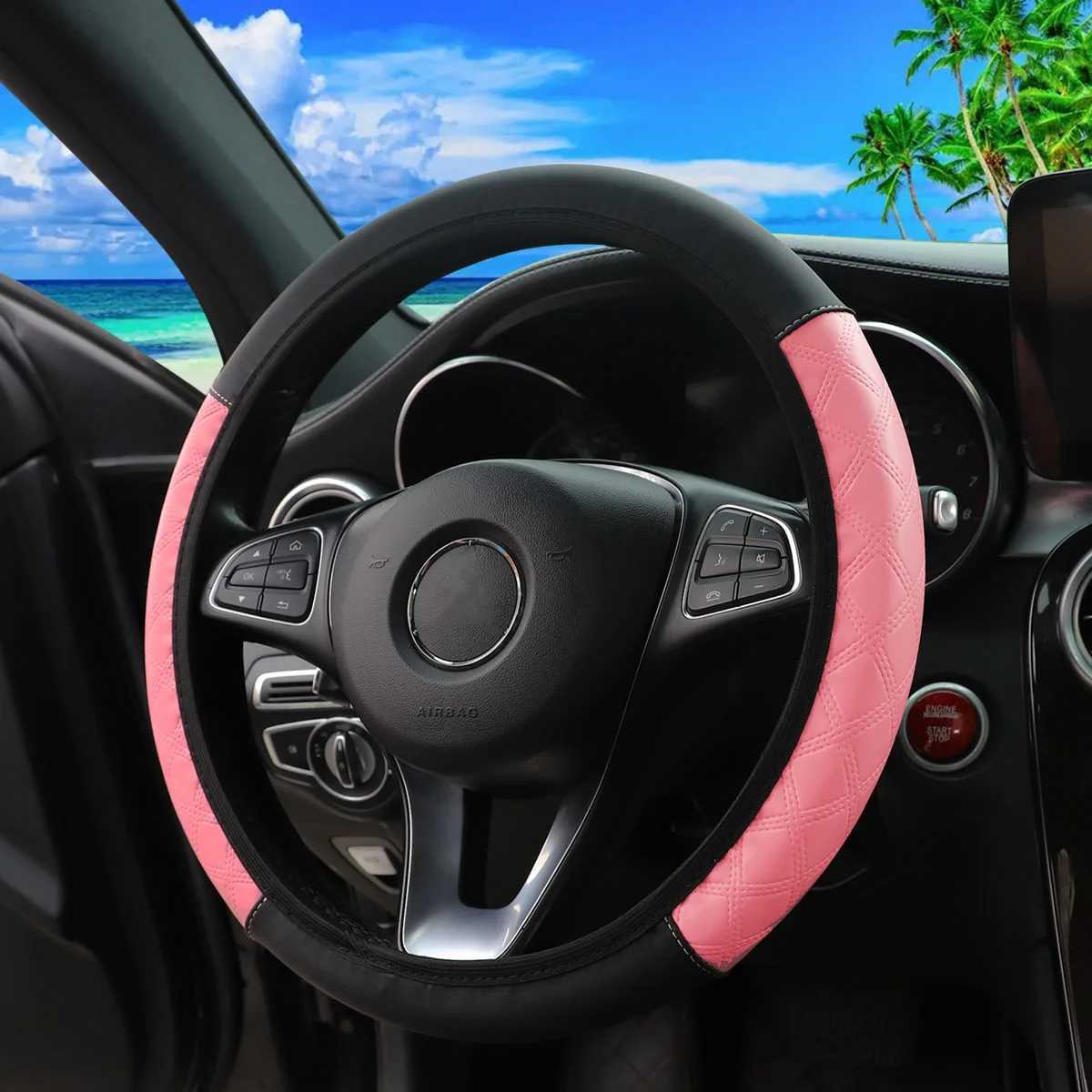 Simple PU leather black red color matching four seasons general elastic car steering wheel cover for 14.5-15 inches for women R250603