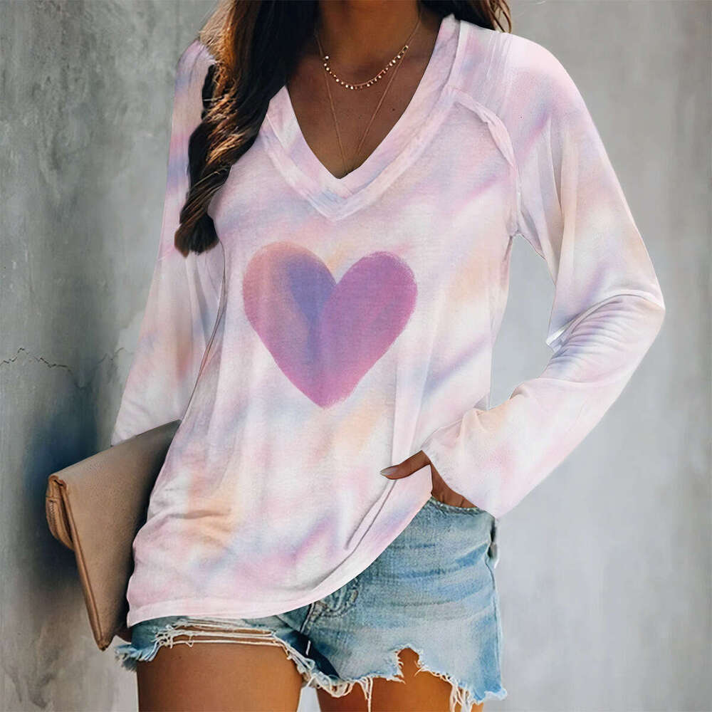 25 Year Valentine's Day Hot Spring Digital Print V-neck Long Sleeve Loose Women's T-shirt Wholesale New Casual Versatile Fashion Clothing