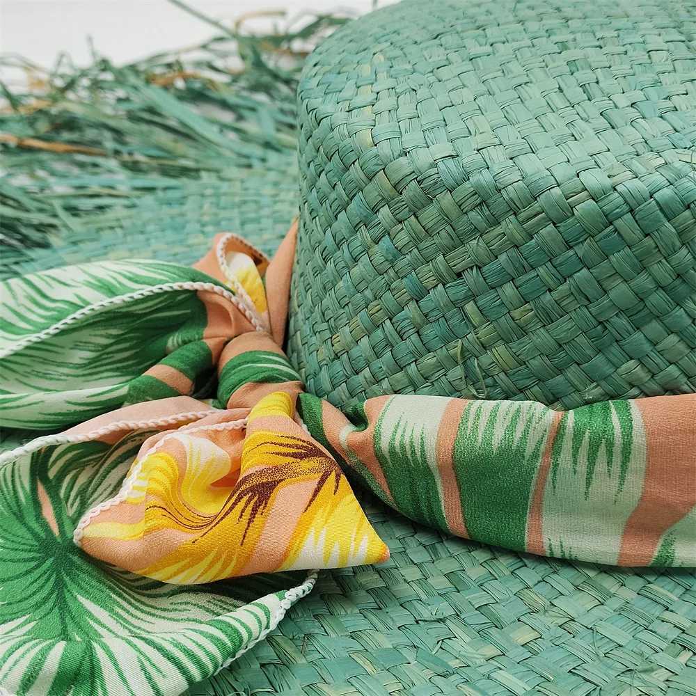 Fresh Green Wide Brim Hat Hand-Woven Tassel Straw Hat Ladies Fashion Sun Hat Natural Raffia Paper Straw Sun Hat Beach Summer Hat W250602
