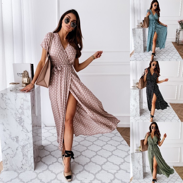 women's wear Summer Short Sleeve V-neck Bohemian Polka Dot Print Long Dress