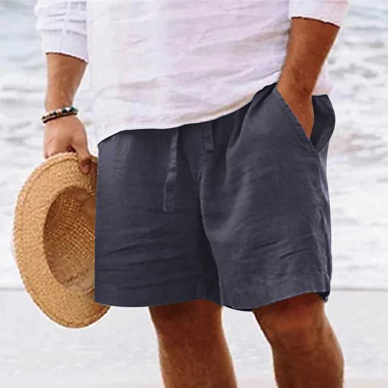Mens Summer Cotton Linen Shorts with Drawstring Elastic Waist Straight Leg Solid Color Breathable Daily Beach Five Points Bermuda W250603