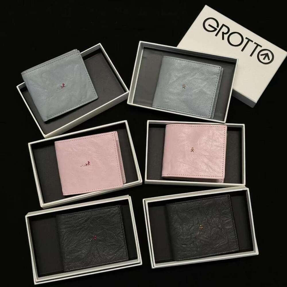 GROTTO New Classic Sheepskin Short Wallet Handmade Genuine Leather Multi-Card Slot Holder Card Bag Couple Gift