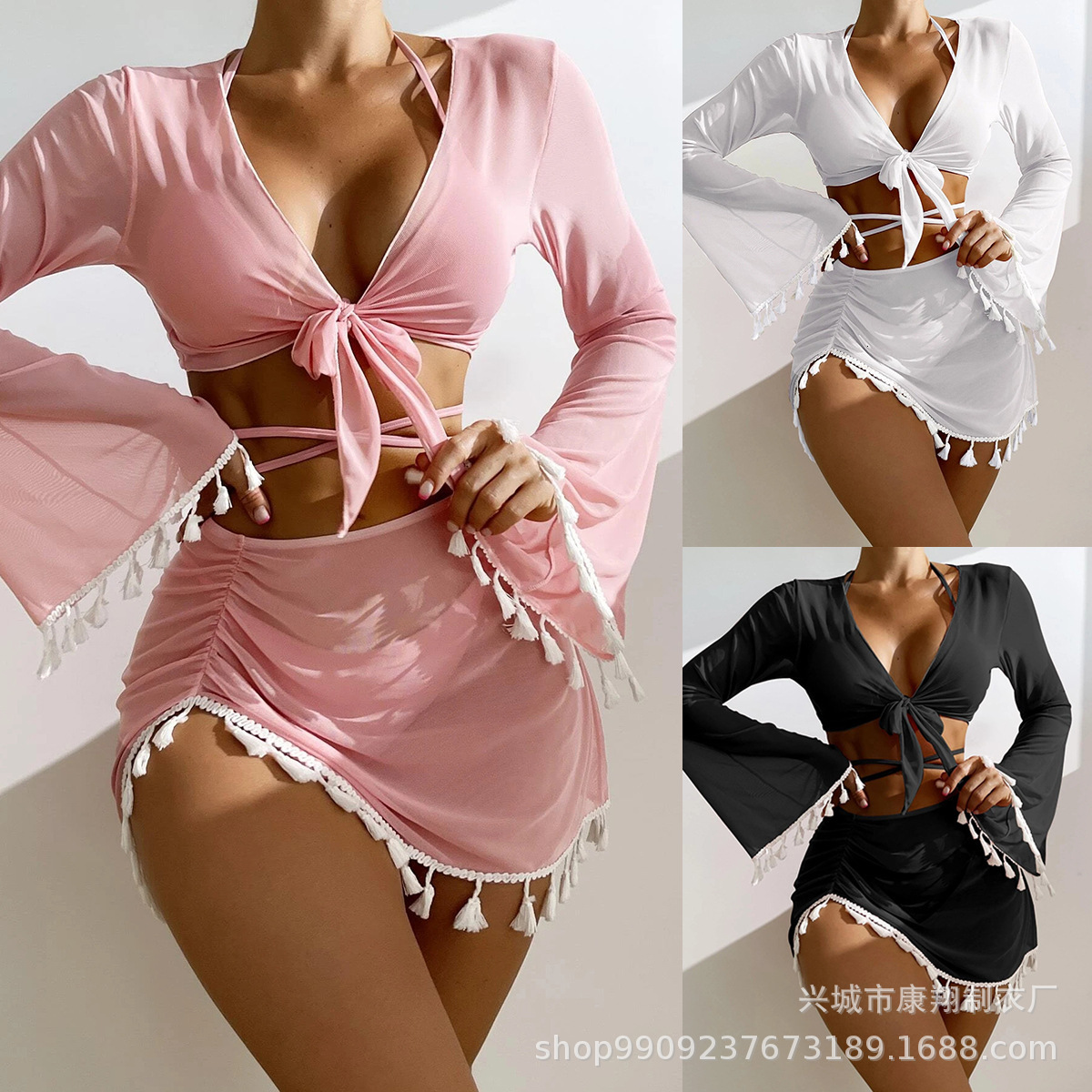 Sexy Womenfree Shipping New Designer Shoes 2025 Swimsuit Women's Split Three Or Four Piece Set Solid Color Tassel Lace Up Long Sleeved Ins Intern