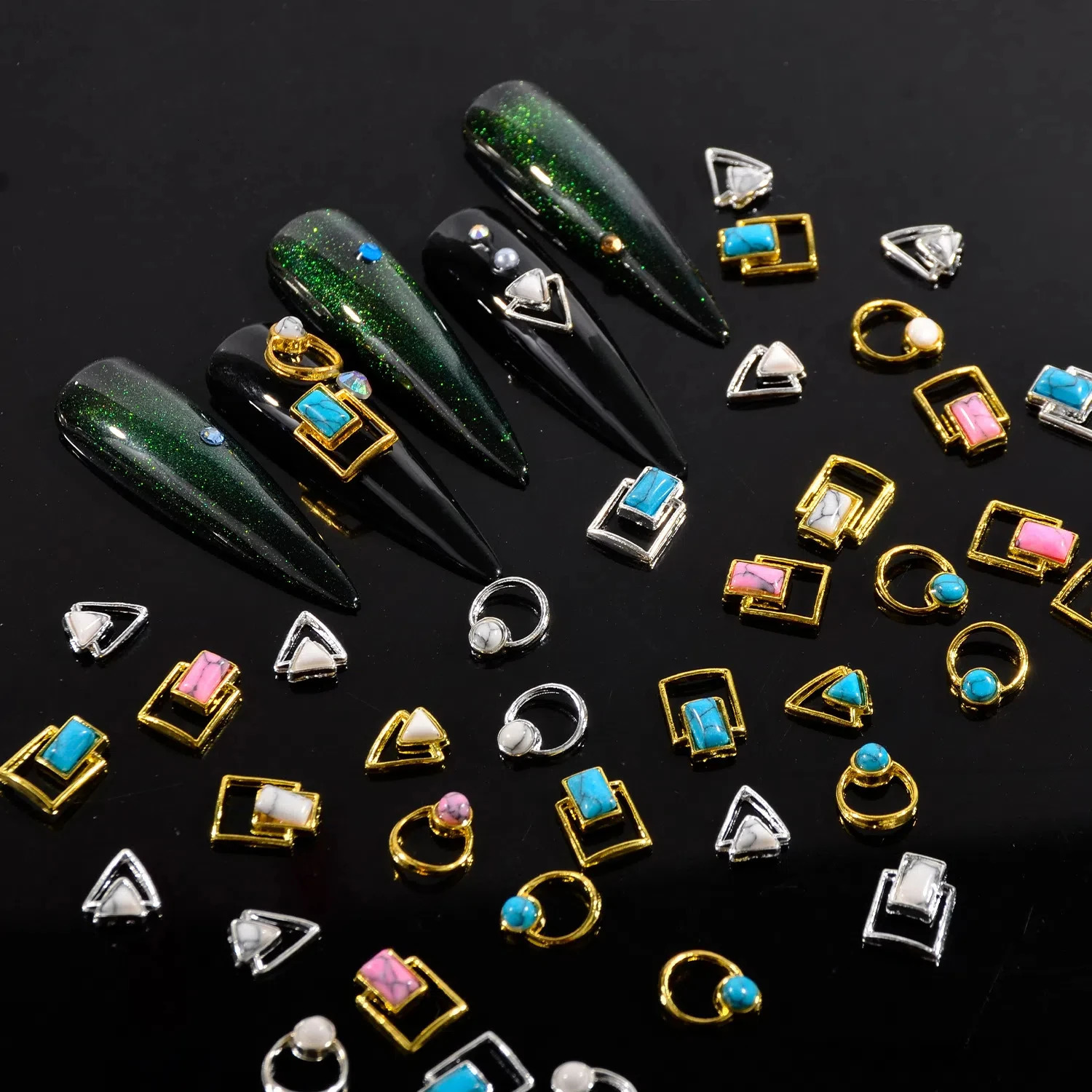 50pcs Style Alloy Turquoise Inlaid Nail Jewelry Rectangle Round Triangle Shaped Metal Rimmed Nail Gems for Nail Art charms 250528