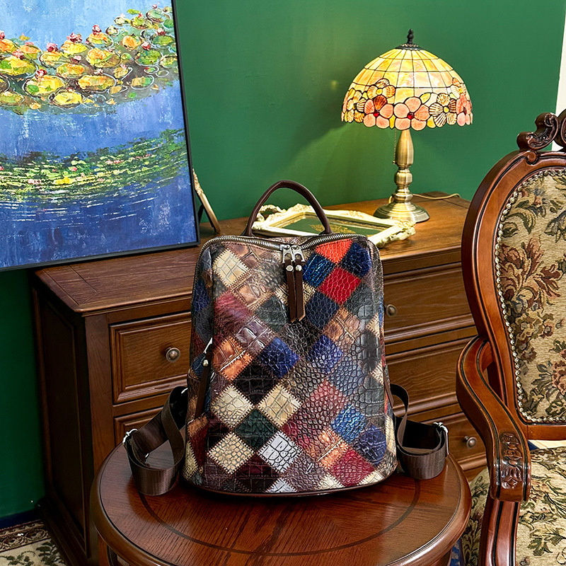 Free Shipping Colorful Backpack Versatile Trendy Designer Bag Outdoors Quilted Travel Backpack Patchwork Cowhide Trendy Snake Skin Pattern Women'
