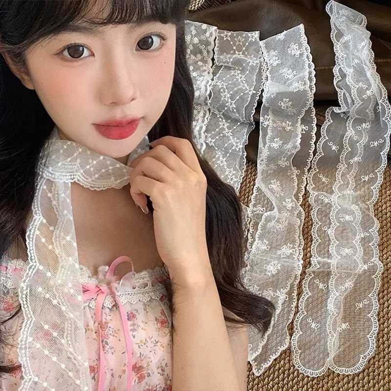 Korean Lace Narrow Scarf for Women Sweet Bowknot Headband 130cm White Embroidery Hair Scarf Soft Ribbon Female Hair Accessories W250602