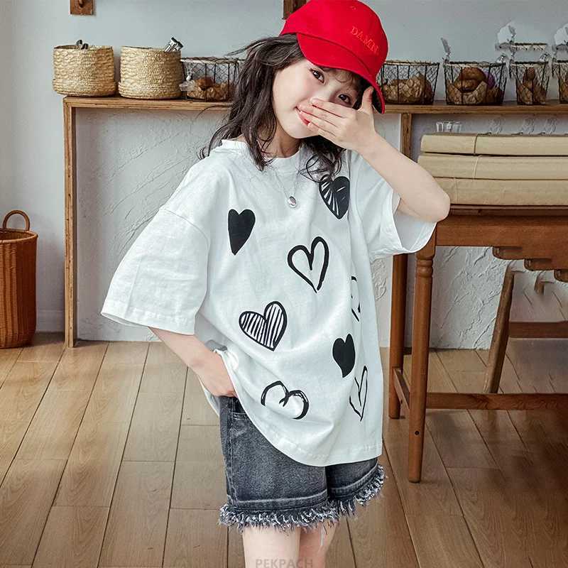 Hot Sale Child Summer Short Sleeve T-shirt with Heart Print For Girls Elegant Cotton Tshirt Outfit Tee Tops Age 5 7 9 11 13 14 Y T250603