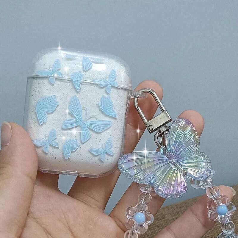 Crystal Butterfly Pendant Bead Bracelet Apple 4 /3 For Pro/ Pro2 Earphone Case With Keychain