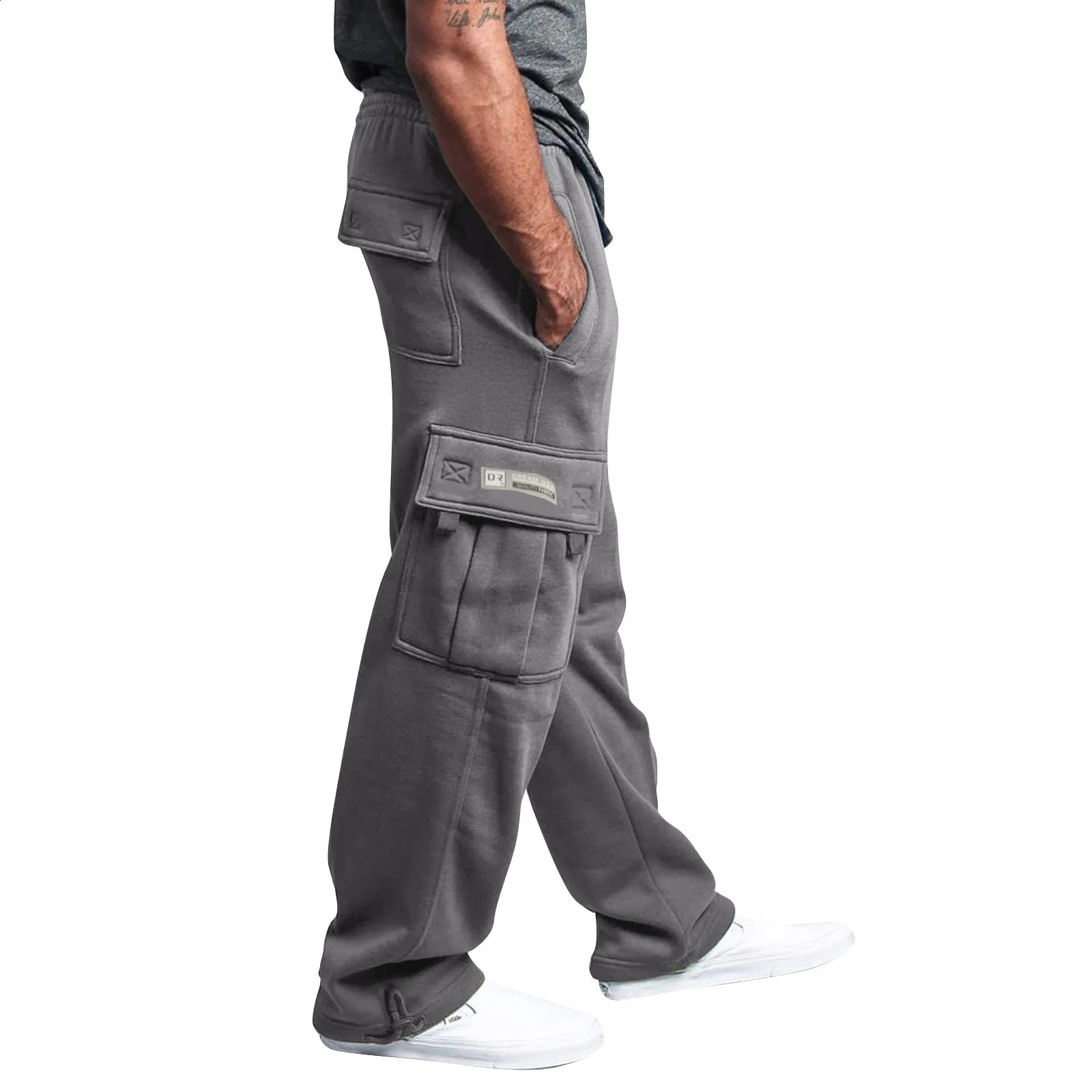 Mens Cargo Pants Rope Loosening Waist Solid Color Pocket Trousers Comfortable Loose Sports Trousers Casual Wide Leg Pants 250528