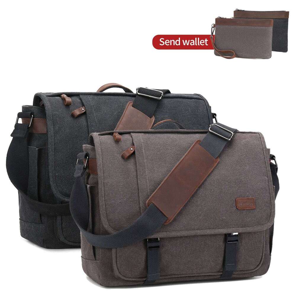 Waterproof Canvas For Men, Messenger Bag ,Shoulder Casual Computer Business Bag, Crazy Horse Cowhide