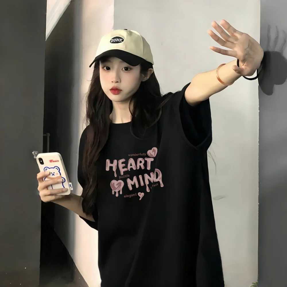 Black Cotton Short-Sleeved T-Shirt for Girls in Summer 2025 New Loose Half-Sleeved Top T250603