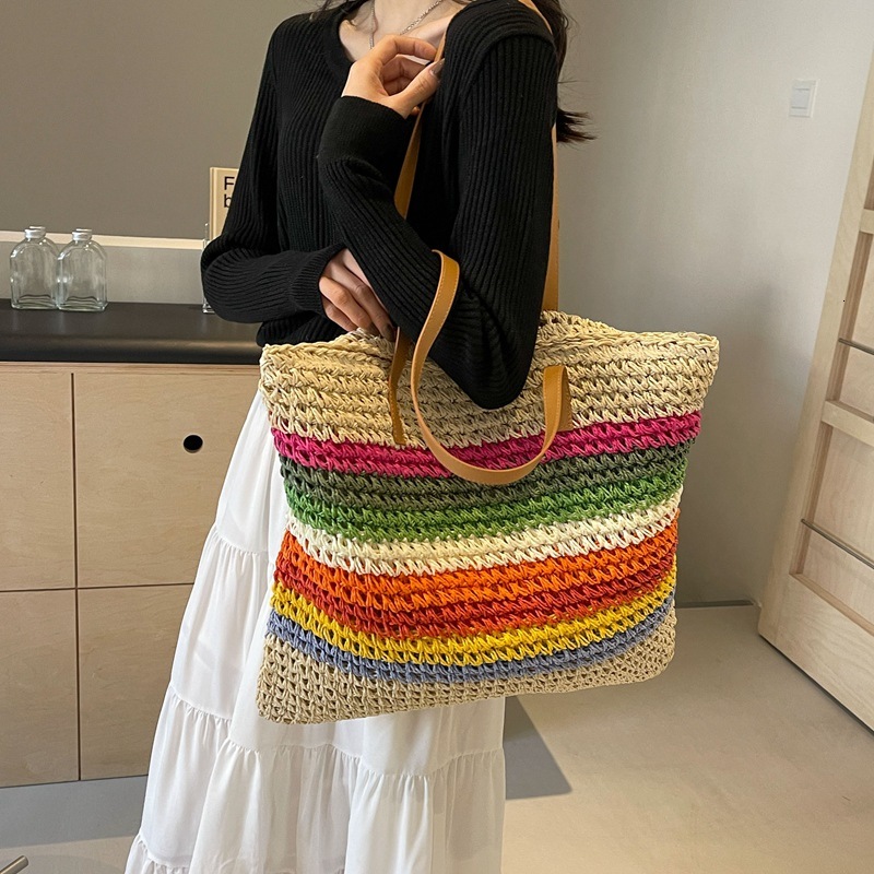 designer Rainbow Striped Straw Bag for Women 2025 New Forest Style Handwoven Beach Bag Seaside Vacation Shoulder Tote Bag