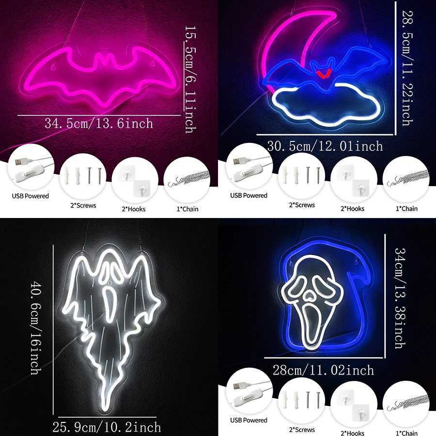Halloween Bat LED Neon Sign Ghost Light Up Signs for Wall Decor Hanging Neon Lights for Home Bar Coffee Stores Window Decor XJ250602
