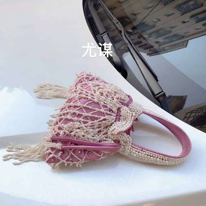 Elegant Women's High Quality Silk Pearl Sweet Bucket Handbag Dumpling Bag Banquet Evening Bags For Ladies