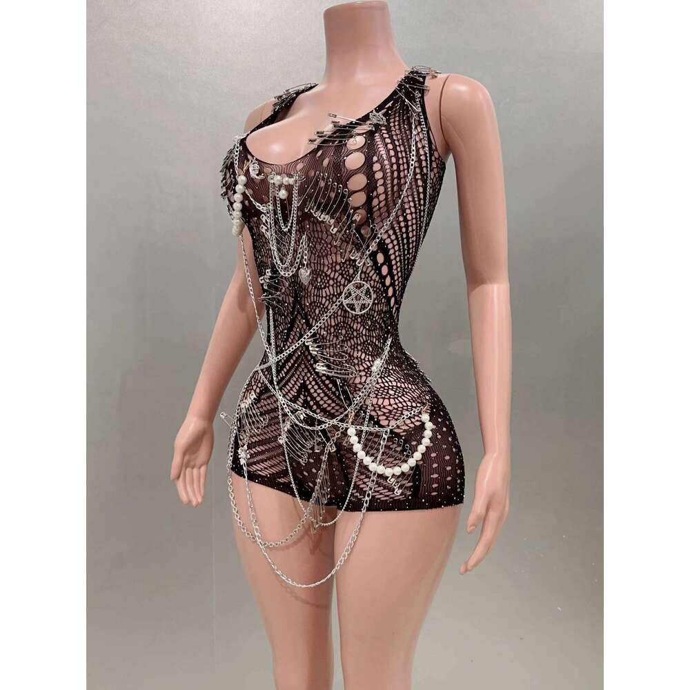 Sexy See-Through Bodysuit Dancer Performance Costume Nightclub Bar Singer Birthday Evening Party Black Sheath Mini Dress