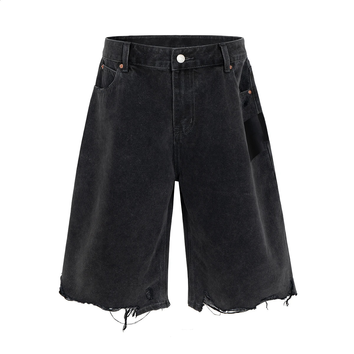 Streetwear Washed Frayed Edges Black Baggy Jeans Shorts for Men Straight Vintage Hole Knee Length Denim Trousers Oversized 250529
