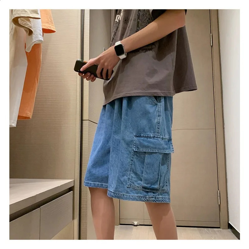 Summer Retro Blue Cargo Port Loose Big Pocket Thin Fashion Washed Five Point Casual High Waist Shorts Denim 250529Z