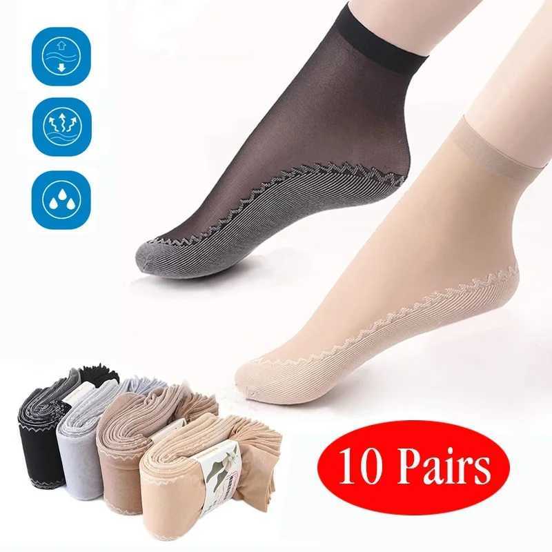 20pcs=10 Pairs Spring Summer Women Soft Socks Thin Silk Socks Non-Slip Bottom Splice Fashion Transparent Ladies Breathable SockT250602