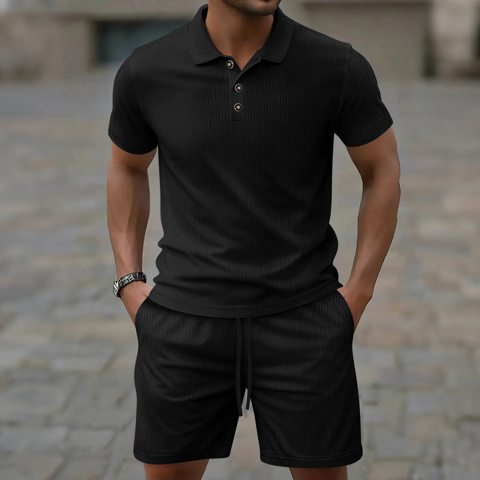 Summer Mens Suit Solid Color Threaded corduroy Short Sleeve Lapel Top Jacquard polo shirt Drawstring Shorts 250530