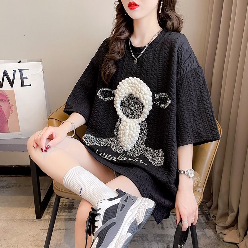 2025 New Spring and Summer T-shirt New 3D Little Sheep Women's Short Sleeve T-shirt, Summer New Fashion Half Sleeve Top Trendy Designer Solid Col