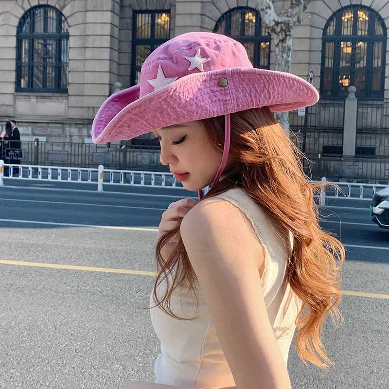 Cute Star Pink Bucket Hats for Women Summer Outdoor Camping Sunscreen Western Cowboy Hat Korean Versatile Hiking Caps for Men W250602