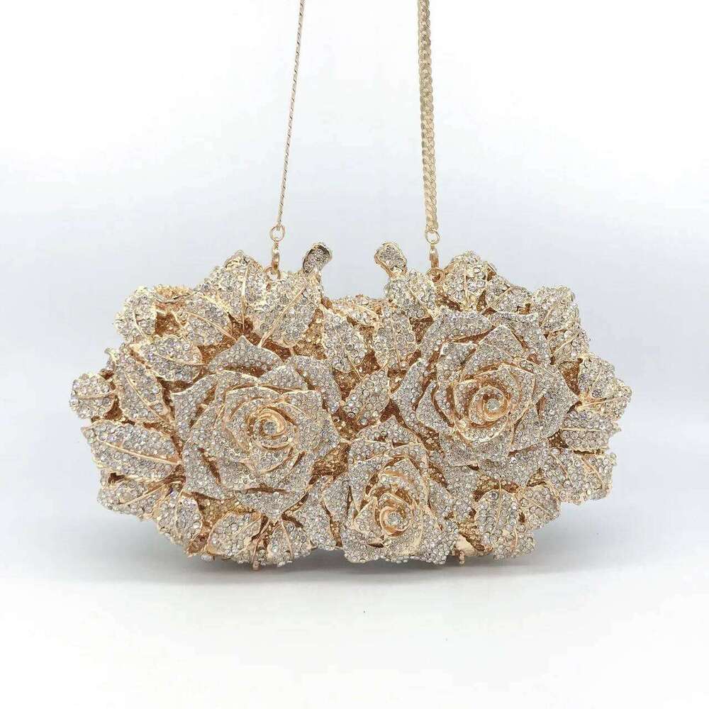 Hollowed-Out Rose Rhinestone Evening Crystal Women's Wedding Bridal Dinner Gown Bag Fashionable Banquet Handbag