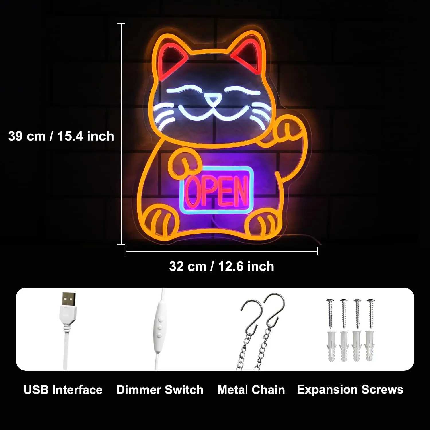 Lucky Cat Open Neon Sign USB Dimmable LED Sign for Restaurant Ramen Shop Izakaya Sushi Bar Decor Business Openings Decor Gift XJ250602