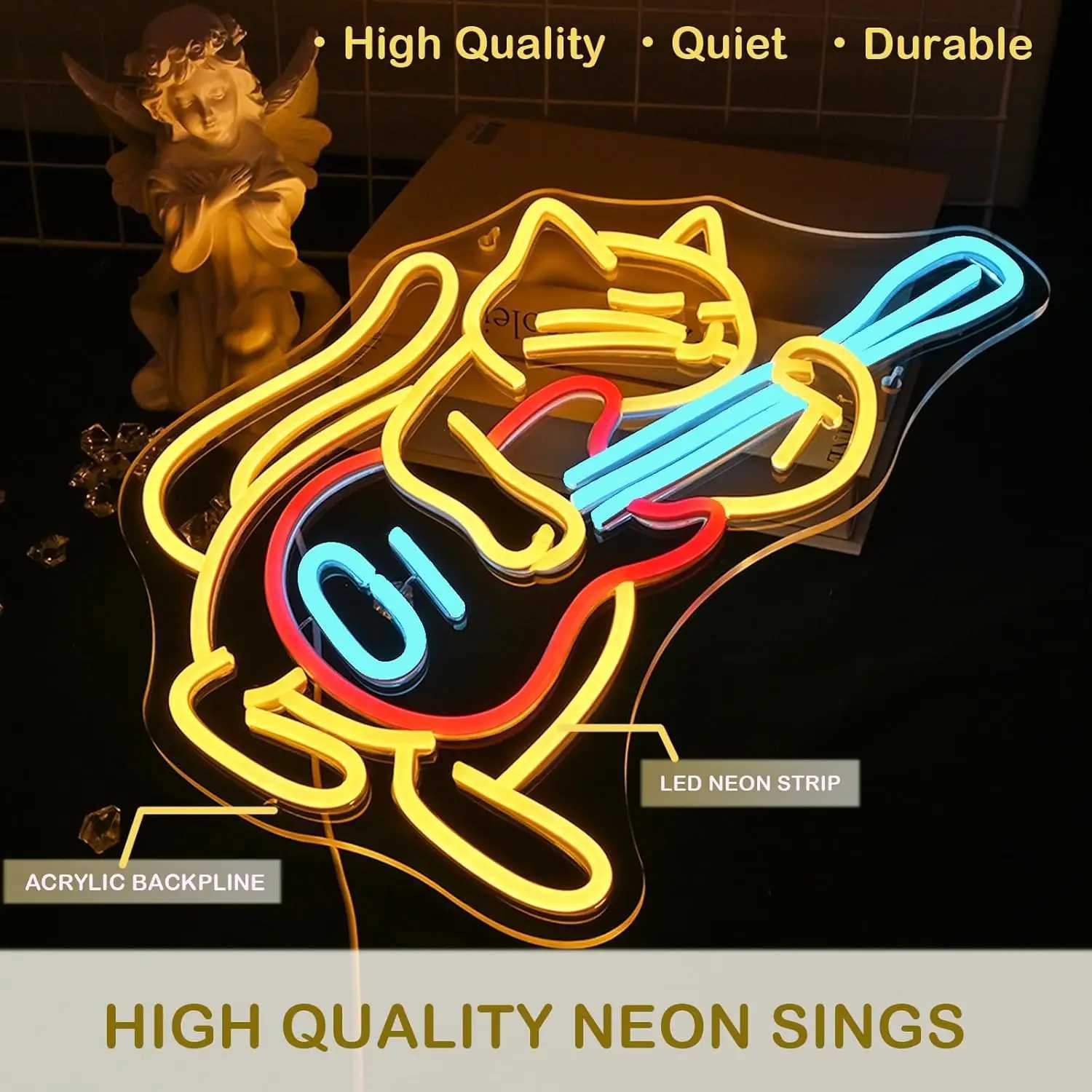 Guitar Cat USB Powered LED Neon Sign Dimmable Neon Light Wall Decor for Room Decoration Bedroom Store Music Bar Party GiftXJ250602