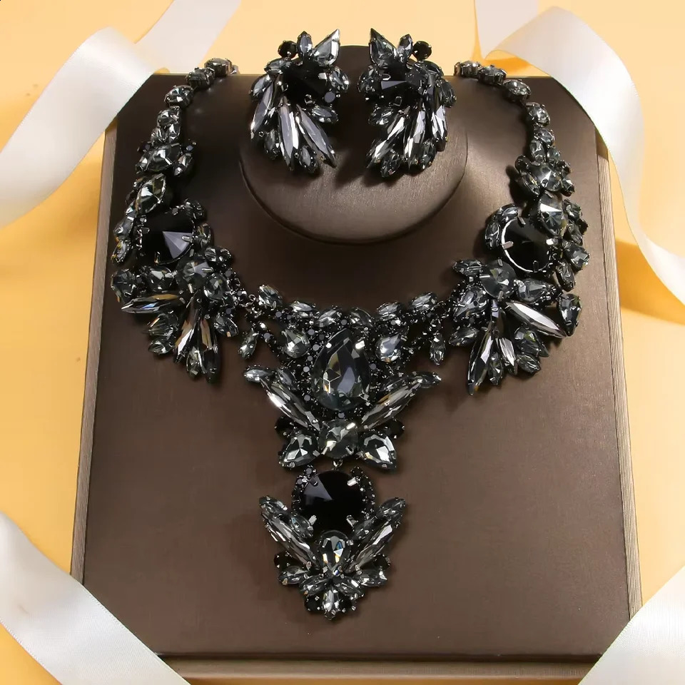 Stonefans Black Dubai Jewelry Set Necklace African Statement Men Gift Choker Bride Prom Wedding Necklace and Earring Set 250530