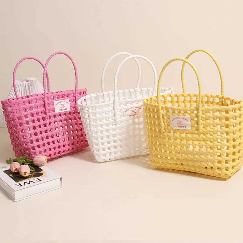Summer Handbag Hollow out Plastic Woven Tote Vacation Beach Versatile Str Material Pure Color Square Handle Bag Y250603