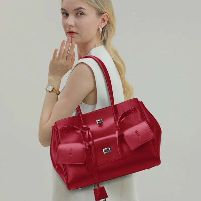high quality Leather Women's Cool Motorcycle Platinum Square Buckle Simple Versatile Large Capacity Travel Underarm Tote Bag